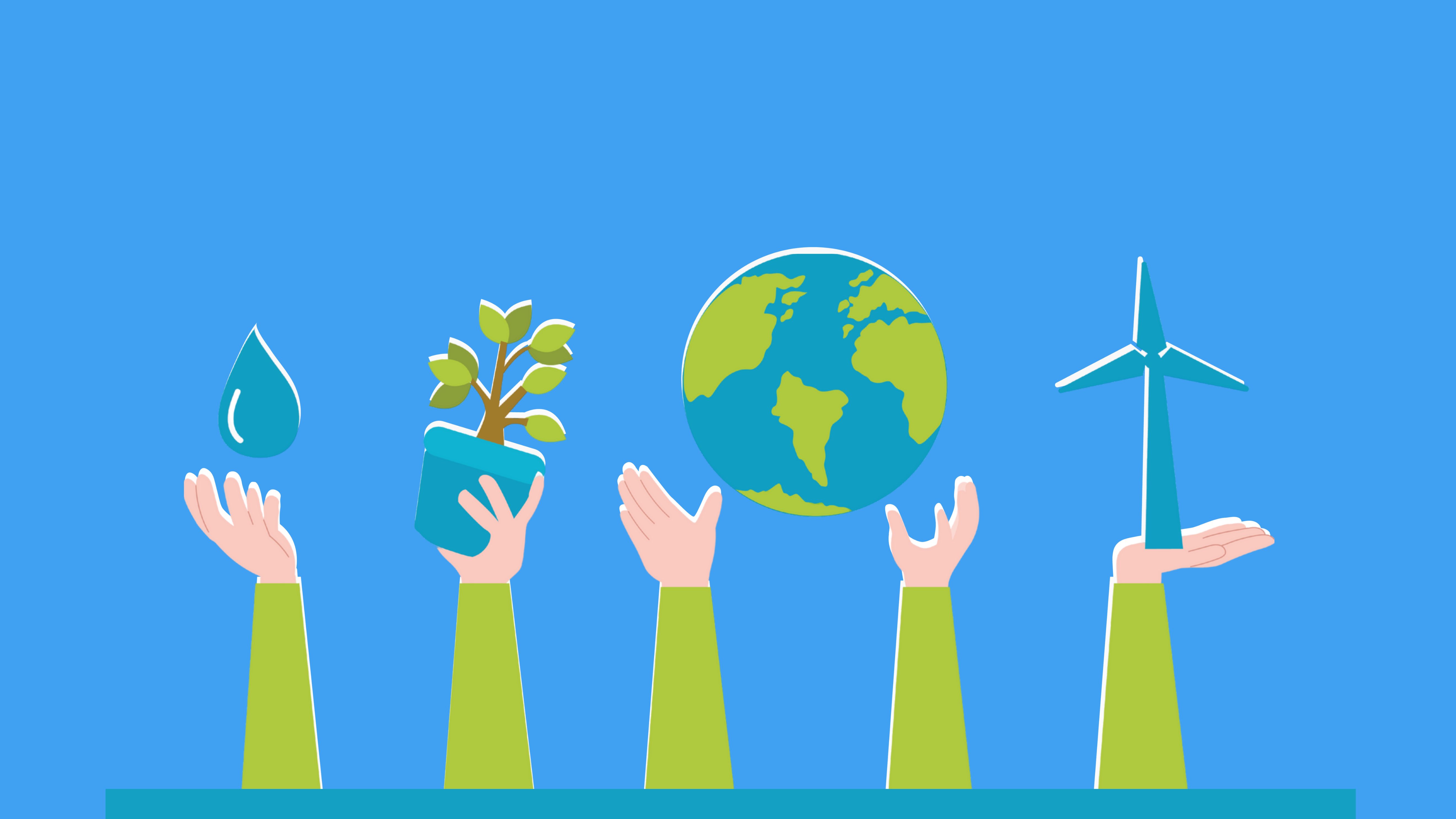On a light blue background, five hands dressed in green are raised holding a leaf, a potted plant, planet earth and a wind turbine.