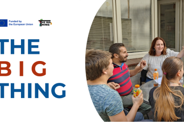 The Big thing banner - a white background with "the big thing" spelled as text, Founded by the EU and TBT logos, and a rounded picture of participants during an activity in Liège