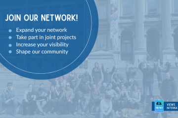 Banner inviting to join the VIERWS Internayional network. The banner reads: Join our network! - Expand your network - Take part in joint projects - Increase your visibility - Shape our community. In the background, a oicture of project participants and partners in Liège.