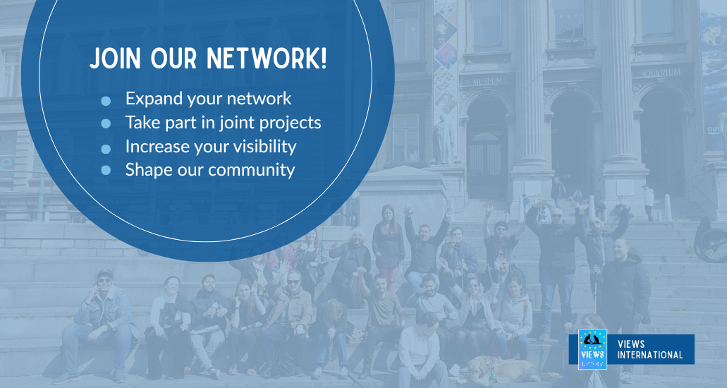 Banner inviting to join the VIERWS Internayional network. The banner reads: Join our network! - Expand your network - Take part in joint projects - Increase your visibility - Shape our community. In the background, a oicture of project participants and partners in Liège.