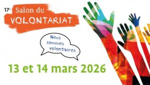 Salon du Volontariat banner, with the text "nous sommes volontaires" and the dates 13-14 matrch 2026, as well as a picture of colourful hands reaching for the sky.