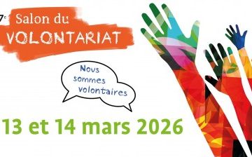 Salon du Volontariat banner, with the text "nous sommes volontaires" and the dates 13-14 matrch 2026, as well as a picture of colourful hands reaching for the sky.