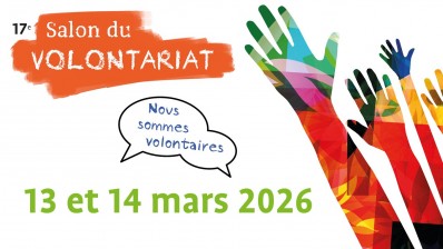 Salon du Volontariat banner, with the text "nous sommes volontaires" and the dates 13-14 matrch 2026, as well as a picture of colourful hands reaching for the sky.