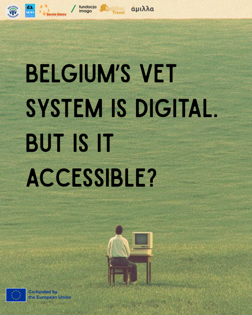 A graphic with a background of a vast green field. In the lower center, a person is sitting at a wooden desk with a vintage computer monitor, seen from behind. Large black text in the center reads: "Belgium’s VET system is digital. But is it accessible?". 
