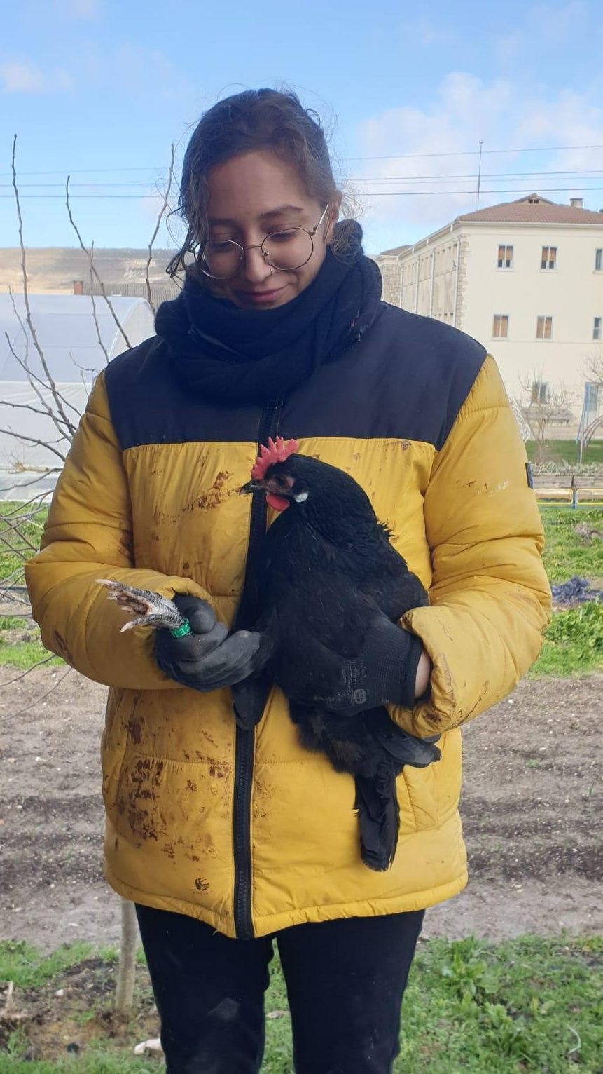 Louise with a chicken in her arms.