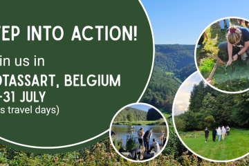 Step into action banner, with pictures of outdoor activities in botassart (hiking, planting trees, trips to the river), which will take place between 27 and 31 July, travel days excluded.