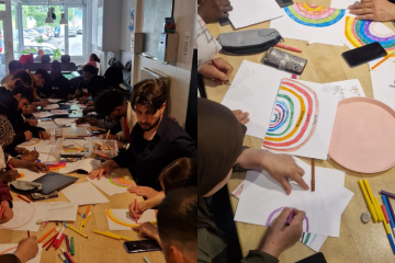 A collage of two pictures: on the left, the whole table of participants working on their designs, on the right the table full of papers and drawing supplies