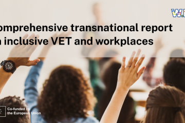 Banner promoting the WIN report with a background of students raising their hands and the text "comprehensive transnational report on inclusive VET and workplaces"